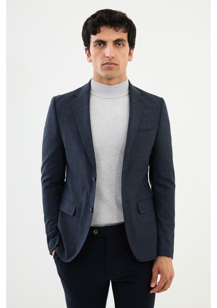 Ekoseli Lacivert Slim Fit Mono Yaka Klasik Yün Erkek Ceket
