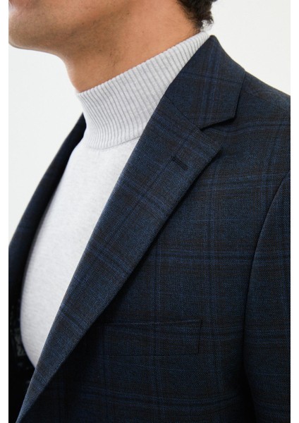 Ekoseli Lacivert Slim Fit Mono Yaka Klasik Yün Erkek Ceket fiyatları