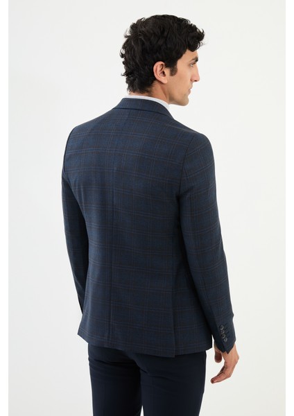 Ekoseli Lacivert Slim Fit Mono Yaka Klasik Yün Erkek Ceket modelleri