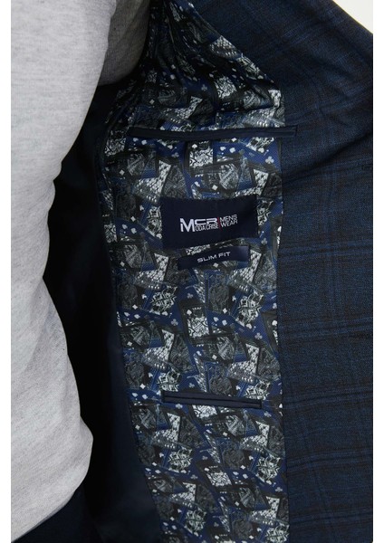 Ekoseli Lacivert Slim Fit Mono Yaka Klasik Yün Erkek Ceket fırsatları