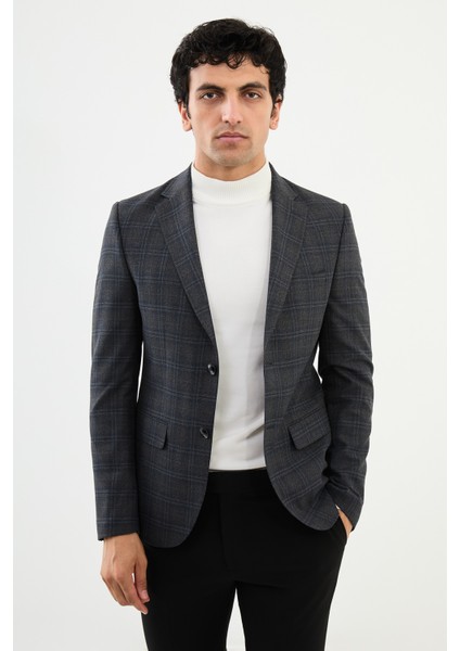 Ekoseli Siyah Slim Fit Mono Yaka Klasik Yün Erkek Ceket