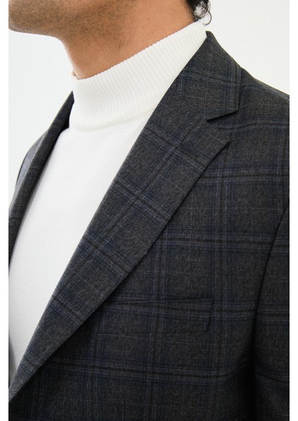 Ekoseli Siyah Slim Fit Mono Yaka Klasik Yün Erkek Ceket fiyatları