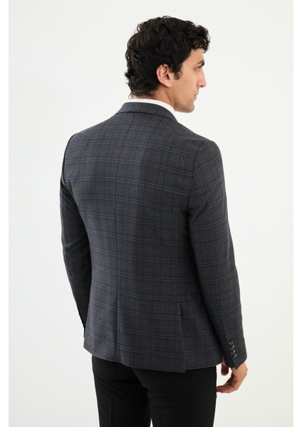 Ekoseli Siyah Slim Fit Mono Yaka Klasik Yün Erkek Ceket modelleri