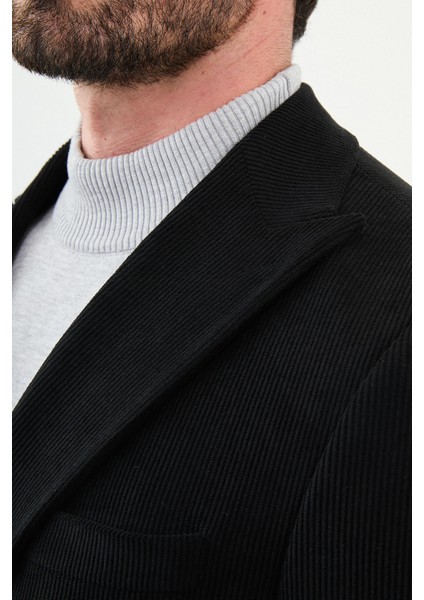 Çizgili Siyah Slim Fit Geniş Yaka Kruvaze Kadife Erkek Ceket fiyatları