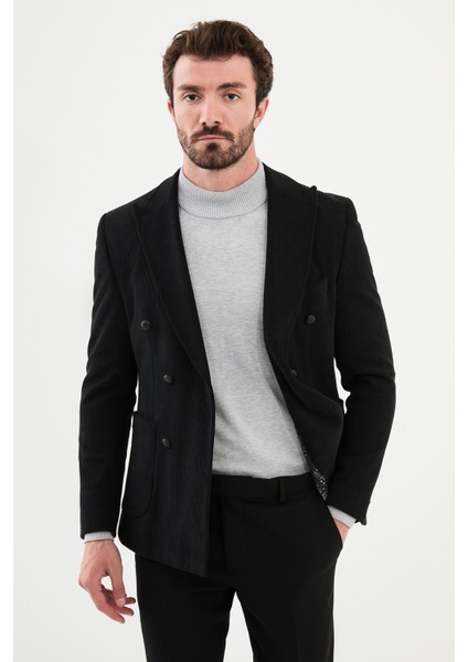 Çizgili Siyah Slim Fit Geniş Yaka Kruvaze Kadife Erkek Ceket modelleri