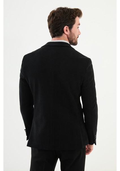 Çizgili Siyah Slim Fit Geniş Yaka Kruvaze Kadife Erkek Ceket fırsatları