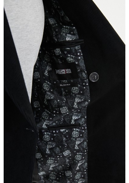 Çizgili Siyah Slim Fit Geniş Yaka Kruvaze Kadife Erkek Ceket indirimleri