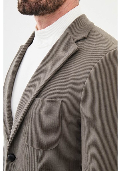 Çizgili Vizon Rengi Slim Fit Torba Cep Mono Yaka Kadife Erkek Ceket fiyatları