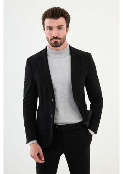 Çizgili Siyah Slim Fit Torba Cep Mono Yaka Kadife Erkek Ceket modelleri