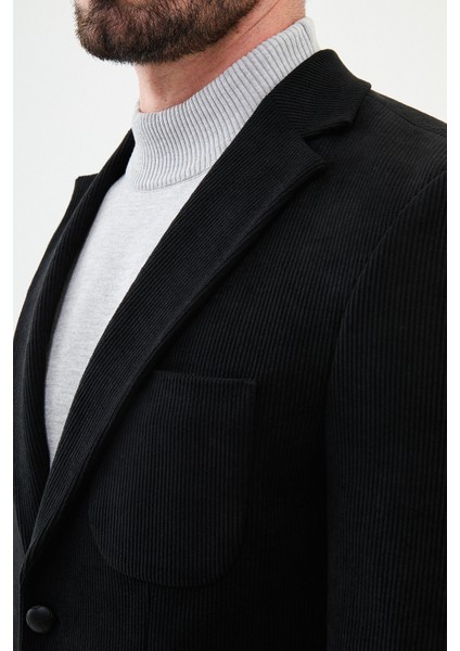 Çizgili Siyah Slim Fit Torba Cep Mono Yaka Kadife Erkek Ceket fiyatları
