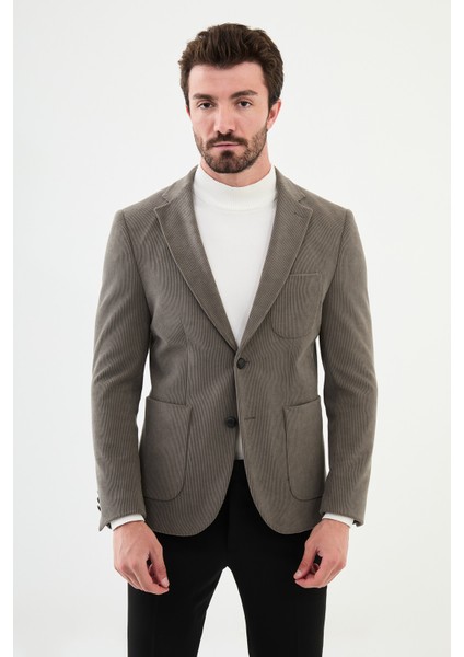 Çizgili Vizon Rengi Slim Fit Torba Cep Mono Yaka Kadife Erkek Ceket
