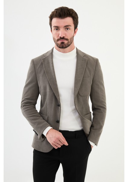 Çizgili Vizon Rengi Slim Fit Torba Cep Mono Yaka Kadife Erkek Ceket modelleri