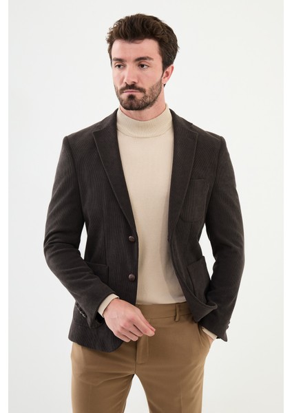 Çizgili Kahverengi Slim Fit Torba Cep Mono Yaka Kadife Erkek Ceket
