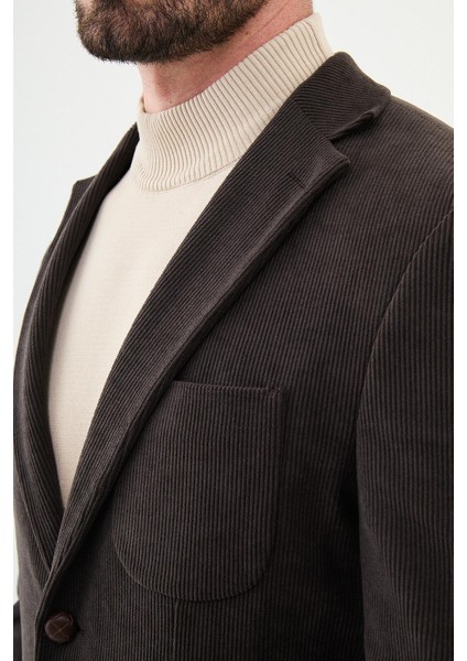 Çizgili Kahverengi Slim Fit Torba Cep Mono Yaka Kadife Erkek Ceket fiyatları