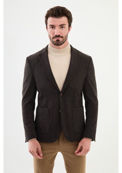 Çizgili Kahverengi Slim Fit Torba Cep Mono Yaka Kadife Erkek Ceket modelleri