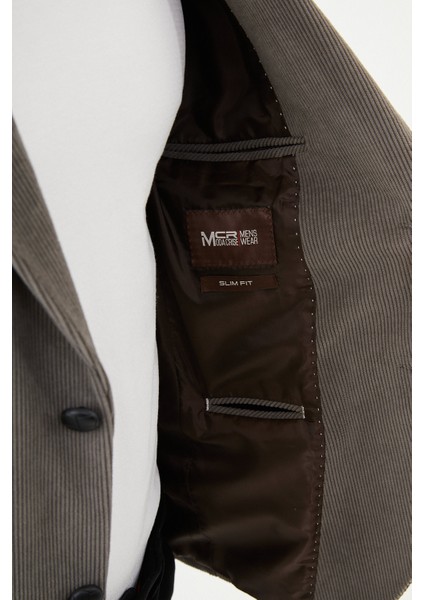 Çizgili Vizon Rengi Slim Fit Torba Cep Mono Yaka Kadife Erkek Ceket indirimleri