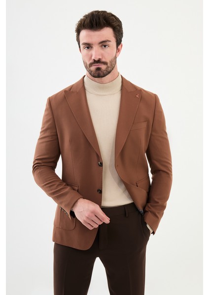 Düz Kahverengi Slim Fit Torba Cep Geniş Yaka Punto Dikiş Erkek Ceket