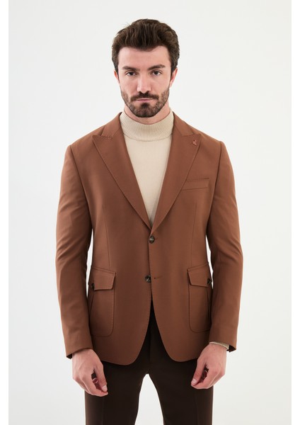 Düz Kahverengi Slim Fit Torba Cep Geniş Yaka Punto Dikiş Erkek Ceket modelleri