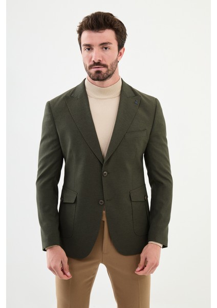 Düz Haki Slim Fit Torba Cep Geniş Yaka Punto Dikiş Erkek Ceket