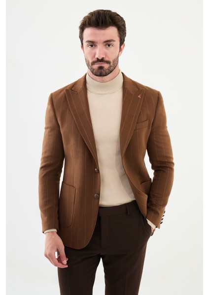 Çizgili Kamel Rengi Slim Fit Torba Cep Geniş Yaka Yün Erkek Ceket