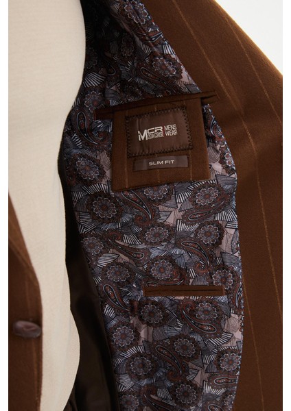 Çizgili Kamel Rengi Slim Fit Torba Cep Geniş Yaka Yün Erkek Ceket indirimleri