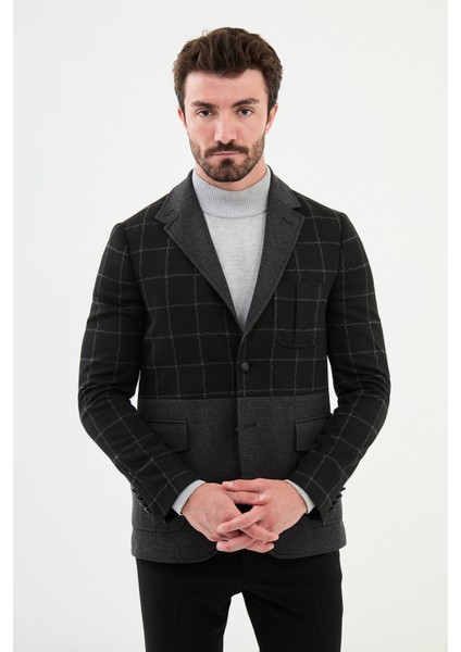Ekoseli Siyah Slim Fit Torba Cep Yün Erkek Ceket modelleri