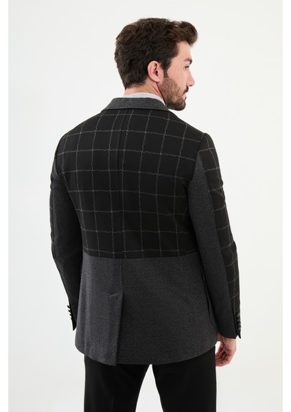 Ekoseli Siyah Slim Fit Torba Cep Yün Erkek Ceket fırsatları