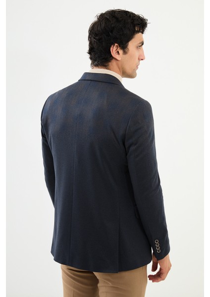 Desenli Lacivert Kamel Slim Fit Mono Yaka Yün Erkek Ceket modelleri