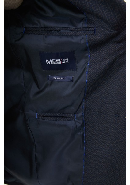 Desenli Lacivert Kamel Slim Fit Mono Yaka Yün Erkek Ceket fırsatları