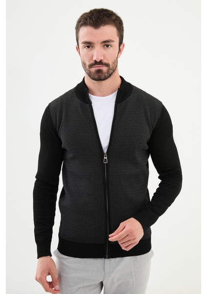 Desenli Siyah Slim Fit Hakim Yaka Yün Erkek Hırka