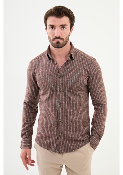 Çizgili Kamel Gri Slim Fit Yün Erkek Gömlek