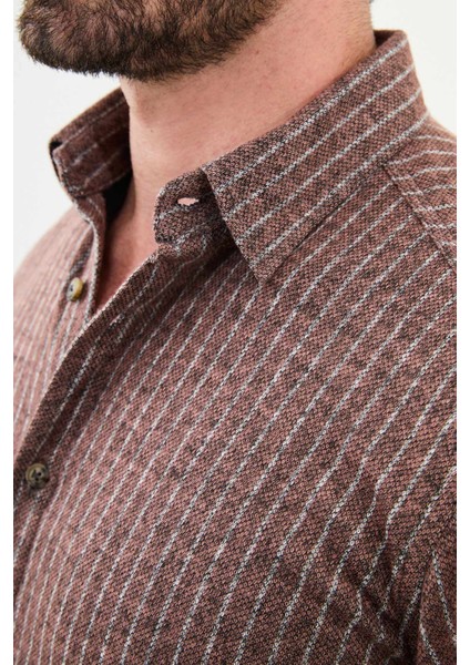 Çizgili Kamel Gri Slim Fit Yün Erkek Gömlek