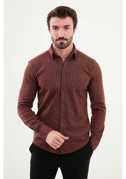 Çizgili Kiremit Rengi Slim Fit Yün Erkek Gömlek