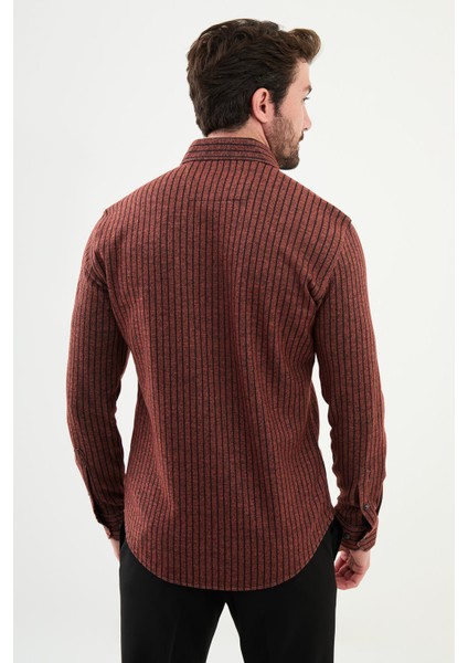 Çizgili Kiremit Rengi Slim Fit Yün Erkek Gömlek modelleri
