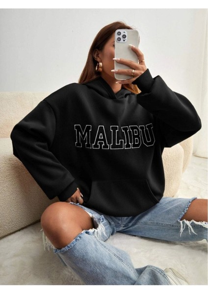 Unisex Siyah Malibu Baskılı Kapşonlu Oversize Sweatshirt