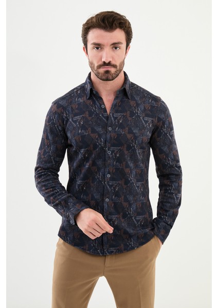 Desenli Lacivert Slim Fit Yün Erkek Gömlek