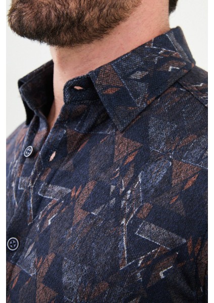 Desenli Lacivert Slim Fit Yün Erkek Gömlek