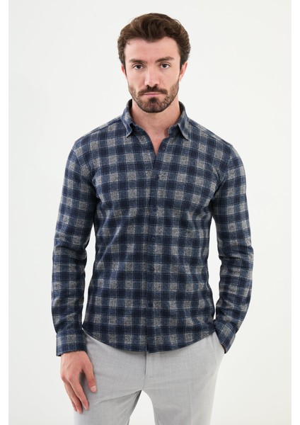 Kareli Taş Rengi Slim Fit Yün Erkek Gömlek