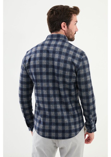 Kareli Taş Rengi Slim Fit Yün Erkek Gömlek modelleri