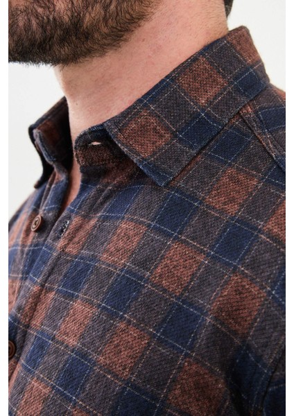 Kareli Kiremit Rengi Slim Fit Yün Erkek Gömlek