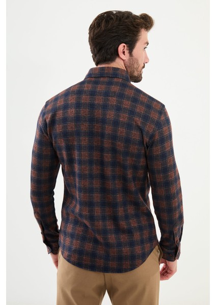 Kareli Kiremit Rengi Slim Fit Yün Erkek Gömlek