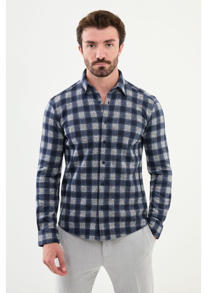 Kareli Gri Slim Fit Yün Erkek Gömlek