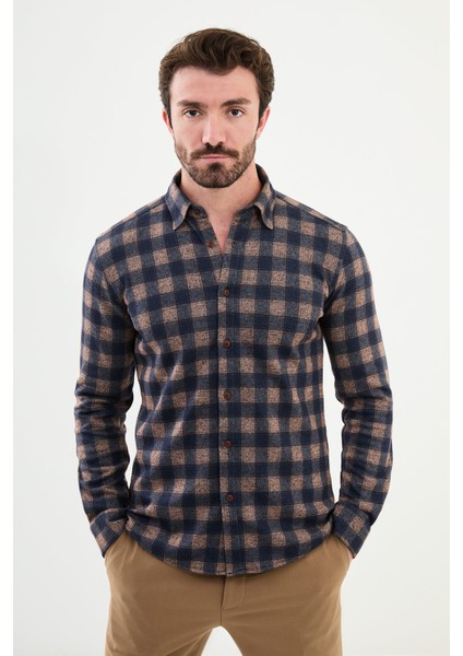 Kareli Kamel Rengi Slim Fit Yün Erkek Gömlek