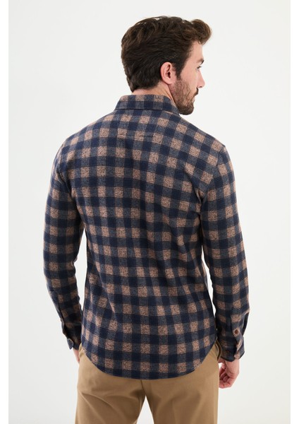 Kareli Kamel Rengi Slim Fit Yün Erkek Gömlek