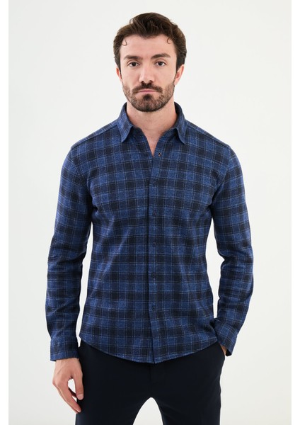 Kareli Saks Slim Fit Yün Erkek Gömlek