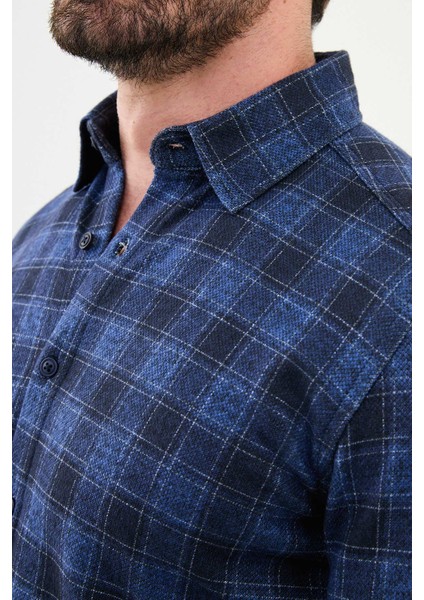 Kareli Saks Slim Fit Yün Erkek Gömlek