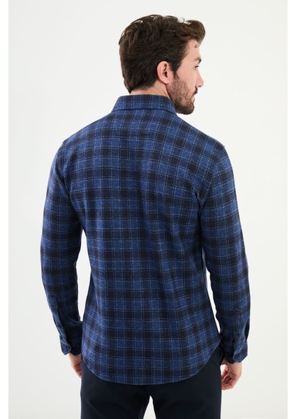 Kareli Saks Slim Fit Yün Erkek Gömlek