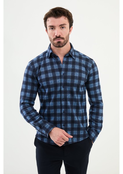 Kareli Mavi Slim Fit Yün Erkek Gömlek