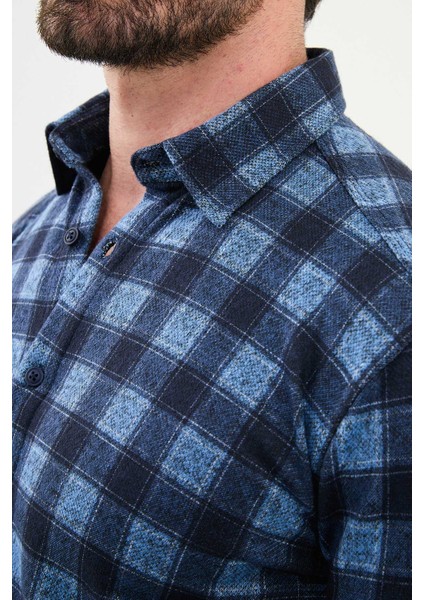 Kareli Mavi Slim Fit Yün Erkek Gömlek