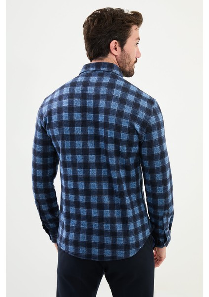 Kareli Mavi Slim Fit Yün Erkek Gömlek